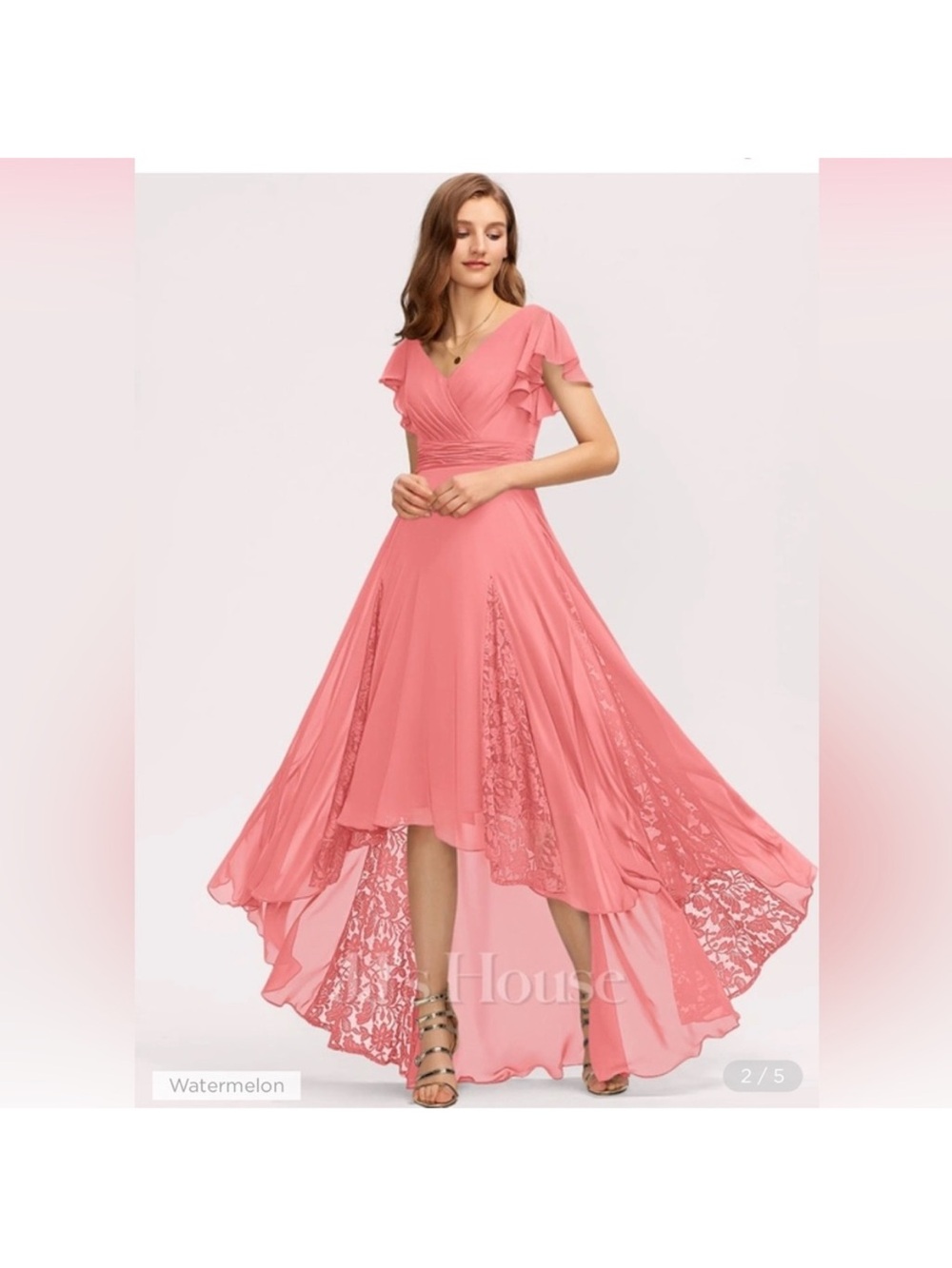 JJs House Watermelon Chiffon Lace Gown